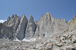 The east face of Mount Whitney from the valley between Upper Boy Scout and Iceberg. The correct path stays low until right before the face. A doable path up to Iceberg is obvious at that point.